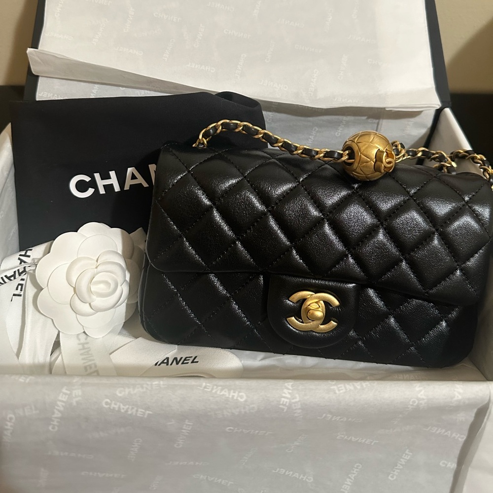 Chanel NIB Pearl Crush Black Mini Rectangle in Age Gold Hardware
